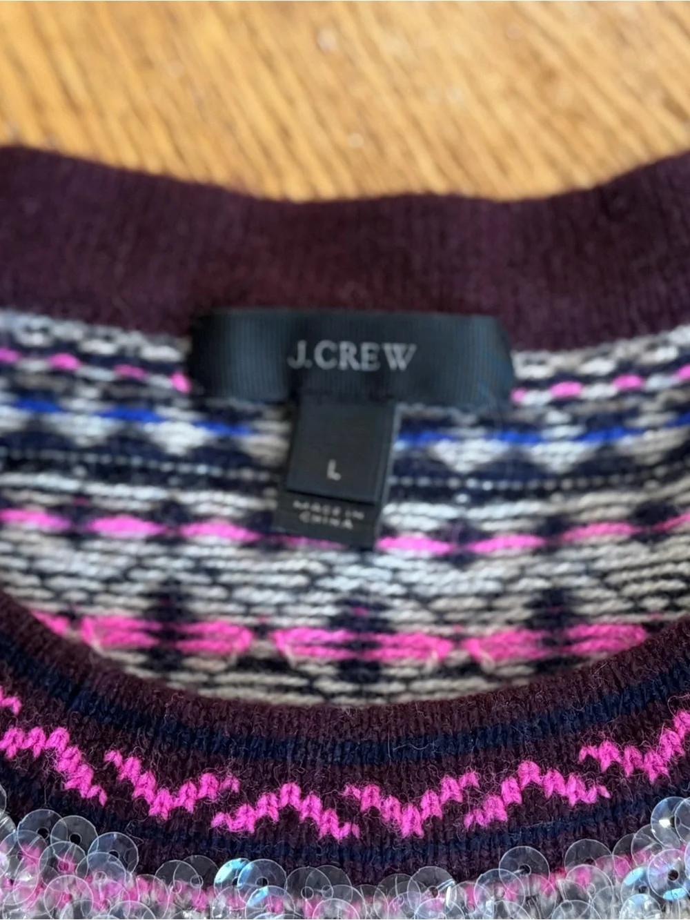 J. Crew Fair Isle Crewneck Sweater in Burgundy, Pink and Yellow